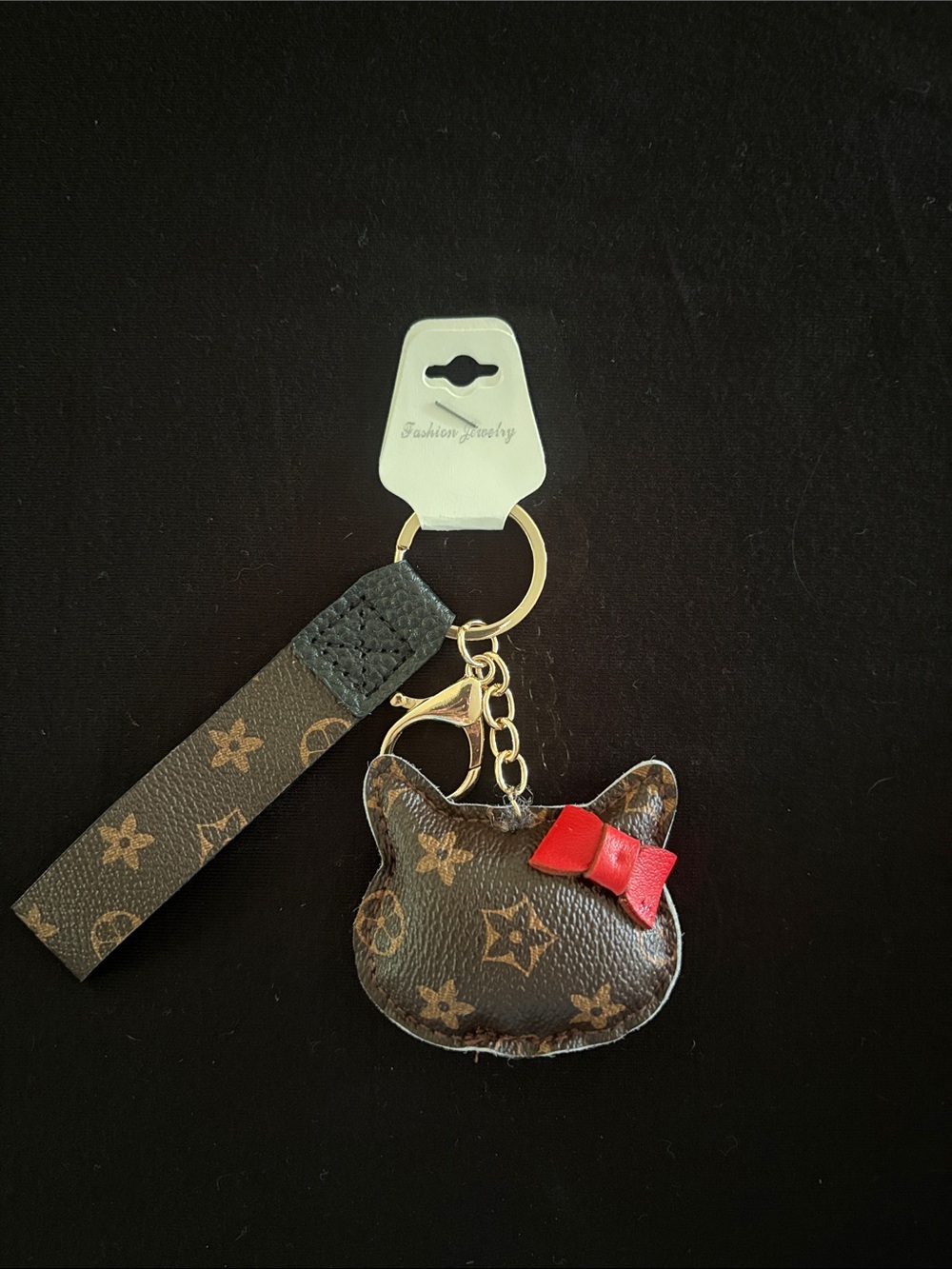 Fashion Style Brown Hello Kitty Keychain Bag Charm Monogram Print with Red Bow